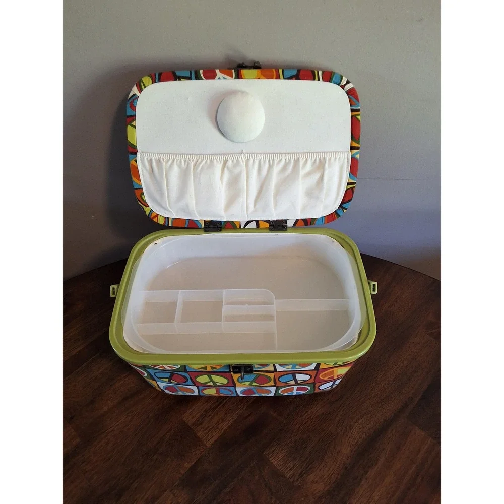 Vintage Style Peace Sign Sewing Basket Organizer Box with Removable Tray Multi